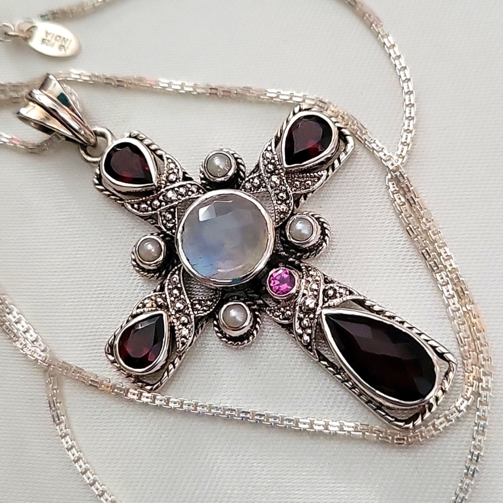Nicky Butler Sterling Silver Cross Pendant and chain multi gemstone